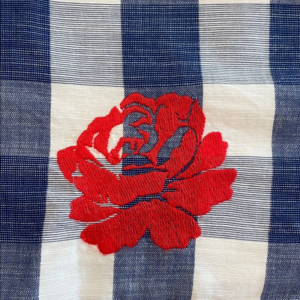 Janie and Jack Embroidery Floral Gingham Dress Size 7 Blue Red Sleeveless Ruffle